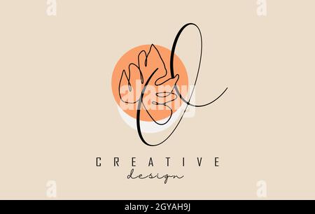 Simple and elegant handwritten O letter logo design with Monstera leaf one line frawing and two circles vector illustration. Creative and minimalist i Stock Vector