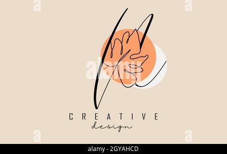 Simple and elegant handwritten N letter logo design with Monstera leaf one line frawing and two circles vector illustration. Creative and minimalist i Stock Vector