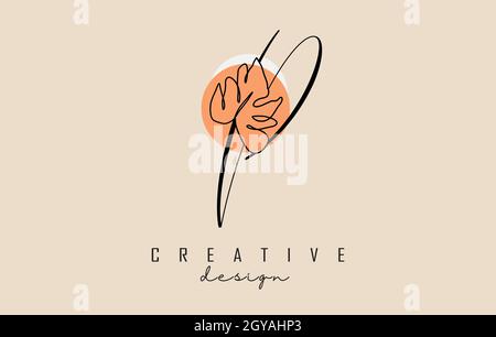 Simple and elegant handwritten P letter logo design with Monstera leaf one line frawing and two circles vector illustration. Creative and minimalist i Stock Vector