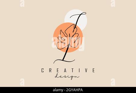 Simple and elegant handwritten I letter logo design with Monstera leaf one line frawing and two circles vector illustration. Creative and minimalist i Stock Vector