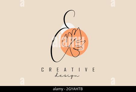 Simple and elegant handwritten E letter logo design with Monstera leaf one line frawing and two circles vector illustration. Creative and minimalist i Stock Vector