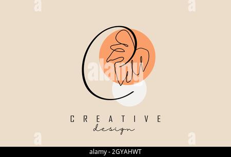 Simple and elegant handwritten C letter logo design with Monstera leaf one line frawing and two circles vector illustration. Creative and minimalist i Stock Vector