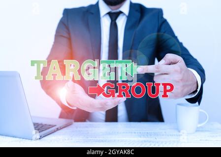 Text sign showing Target Group, Concept meaning Particular showing that an advertisement intended to reach to Remote Office Work Online Presenting Bus Stock Photo