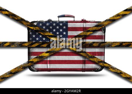 No travel to United States of America due to Coronavirus, Covid 19. Vintage leather suitcase with flag of England. Restricted area lockdown 3D illustr Stock Photo