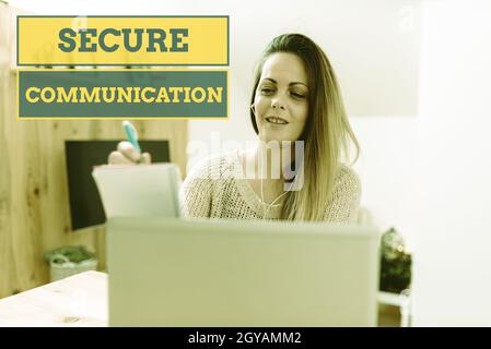 Sign displaying Secure Communication, Conceptual photo preventing unauthorized interceptors from accessing Social Media Influencer Creating Online Pre Stock Photo