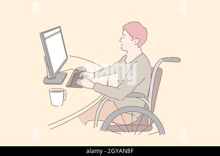Disabled individual at work concept. Young man in wheelchair working with PC, social inclusion of handicapped people, paraplegic programmers freelance Stock Photo