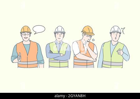 Construction engineer work, thoughts and ideas, different emotions concept. Building industry, workers in helmets and uniform, men in work clothes, pe Stock Photo