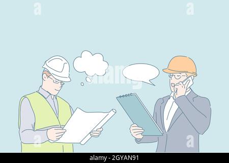 Engineer work, project discussion, planning concept. Building, constructing business, businessman and worker in helmets, men in suit and work clothes, Stock Photo