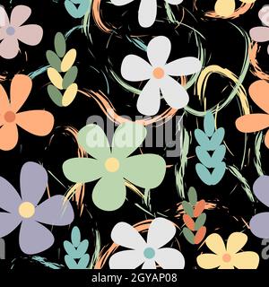 Seamless vector pattern of abstract colorful garden flower, plants, botanical design for fashion, fabric, wallpaper and all prints on black background Stock Vector
