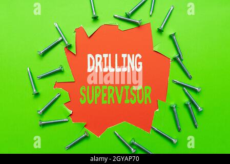 Handwriting text Drilling Supervisor, Internet Concept in charge of commercial oil drilling work and process Workshop Improvement Ideas Productivity I Stock Photo