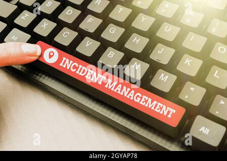 Handwriting text Incident Management, Word for Activities of a company to identify and correct hazards Writing Online Research Text Analysis, Transcri Stock Photo