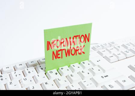 Writing displaying text Information Network, Concept meaning computers were linked together to share information Computer Laptop For Communication Typ Stock Photo