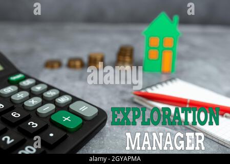 Writing displaying text Exploration Manager, Business overview lead and operate the mining company s is exploration Computing House Upgrade Budget, Ne Stock Photo