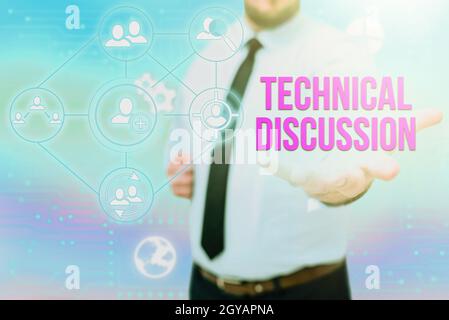 Inspiration showing sign Technical Discussion, Concept meaning conversation or debate about a specific technical issue Gentelman Uniform Standing Hold Stock Photo