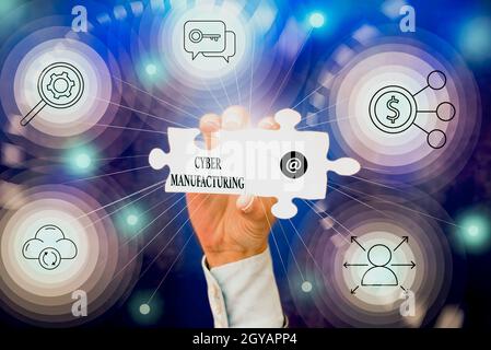 Writing displaying text Cyber Manufacturing, Business concept transformative concept that aims the translation of data Hand Holding Jigsaw Puzzle Piec Stock Photo