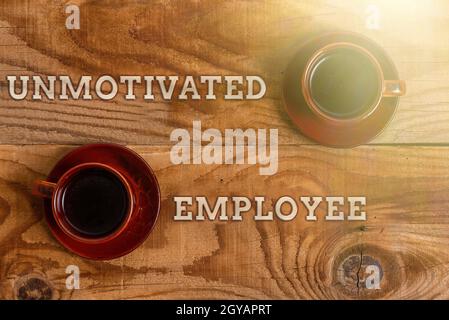 Text sign showing Unmotivated Employee, Business approach very low self esteem and no interest to work hard Stack of Sample Cube Rectangular Boxes On Stock Photo