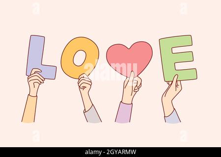 Concept of charity and love. Human hands forming love word with letters and symbols meaning positive attitude vector illustration. Stock Photo