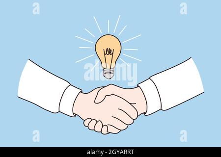 Business agreement and deal concept. Two business people partners shaking hands after great creative agreement with brilliant idea vector illustration Stock Photo