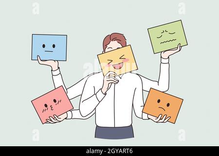 Various emotions and emoji concept. Male person cartoon character standing changing different emotions with colorful emoji vector illustration Stock Photo