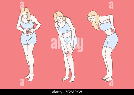 Woman twisted with painful periods concept. Girl suffering from painful knee joint inflammation, young lady bending with back and abdomen pain set. Si Stock Photo
