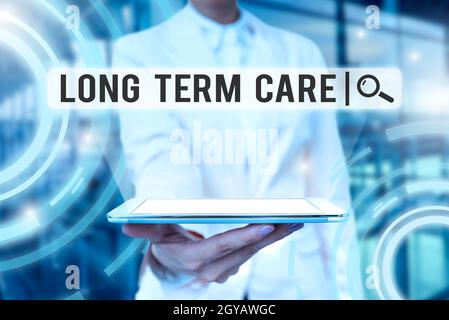 Text caption presenting Long Term Care, Business approach assistance with the basic personal tasks of everyday life Lady Uniform Standing Tablet Hand Stock Photo