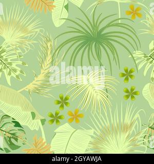Green seamless vector pattern with tropical  palm leaves, monstera and flowers, jungle background Stock Vector