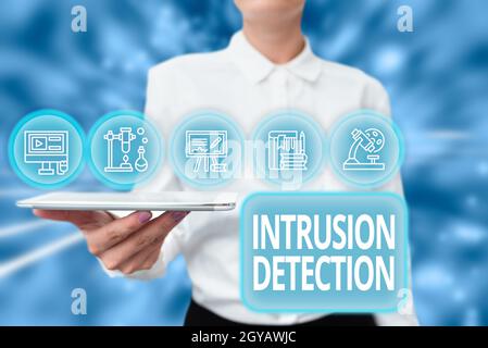 Text showing inspiration Intrusion Detection, Concept meaning monitors a network or systems for malicious activity Lady Uniform Standing Tablet Hand P Stock Photo