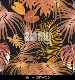 Seamless vector pattern with tropical palm leaves in yellow and brown colors, jungle background Stock Vector