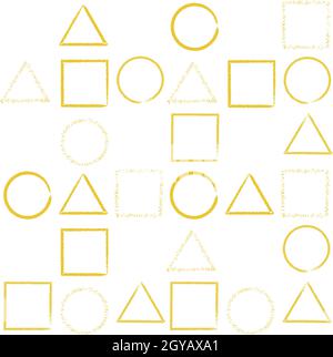 Graphic shapes - circle, square and triangle on white background. Abstract golden elements. Geometric gold seamless pattern for design prints Stock Vector