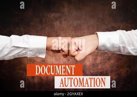 Text caption presenting Document Automation, Business idea workflows that assist in creation of electronic document Two Professional Well-Dressed Corp Stock Photo