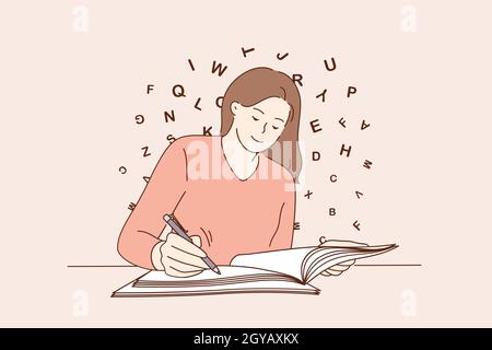 Education, copy space, writing concept. Young smiling woman sitting writing on blank notebook on table feeling creative and positive vector illustrati Stock Photo