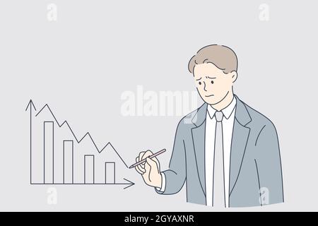 Economical downturn, Debts, bankruptcy concept. Young frustrated businessmen cartoon character writing regressing arrows on board working during great Stock Photo