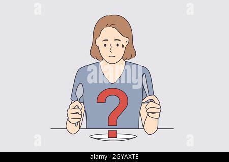 Feeling doubt and insecure concept. Young frustrated woman cartoon character sitting at table with fork and knife looking at plate with red question m Stock Photo