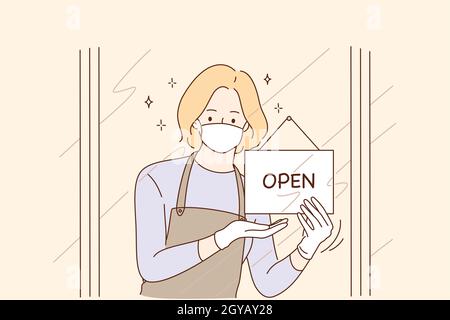 Opening doors after coronavirus pandemic, reopening concept. Young woman in protective medical mask opening door of cafe or shop with men sign and wai Stock Photo