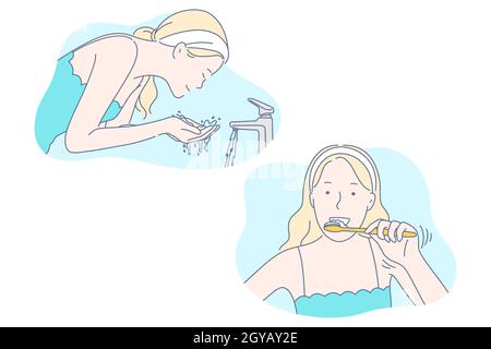 Morning, healthcare, hygiene set concept. Young merry, contented girl washes face and brushes teeth every morning with pleasure. Morning hygiene is cl Stock Photo