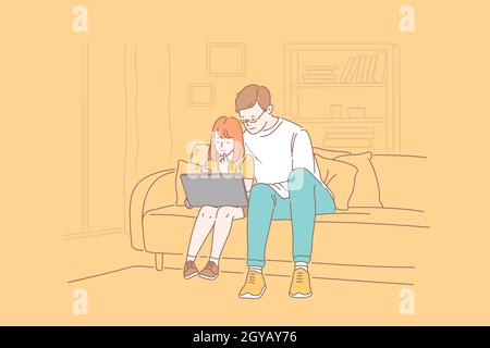 Fathers day, family, fatherhood, care, together learning concept. Happy enthusiastic father and daughter spend leisure time shopping online. Dads love Stock Photo