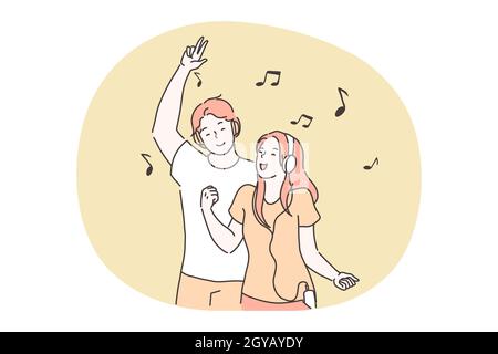 Music, fun, singing, dancing, entertainment concept. Young smiling happy boy and girl teens cartoon characters listening to favourite music in headpho Stock Photo
