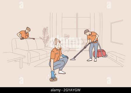 People working as cleaners in service concept. Group pf people workers cleaners tiding up apartment room making cleaning in uniform vector illustratio Stock Photo