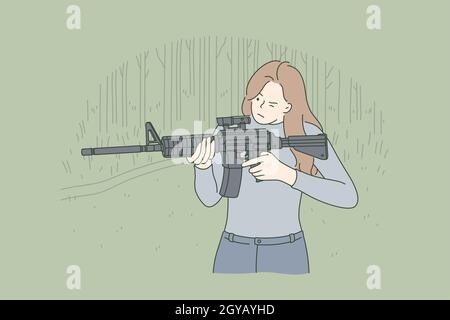 War, training, hunting concept. Young professional woman girl soldier hunter cartoon character aiming and looking through the sight automatic rifle at Stock Photo