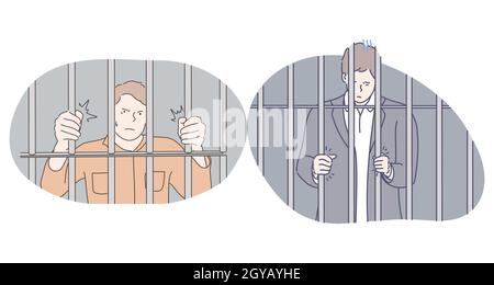 Jail, prison, arrest concept. Young angry unhappy depressed men cartoon character standing in prison cell and trying to get out and feel freedom. Pris Stock Photo