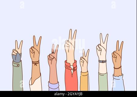 Peace, protest, pacifism, multiethnicity concept set. Collection of human male female cartoon characters hands raising two fingers or peaceful sign in Stock Photo