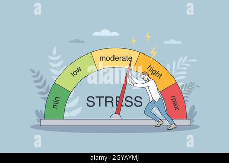 Emotional overload and burnout concept. Young businessman cartoon character trying to push stress level to reducing figures and feeling tired and exha Stock Photo