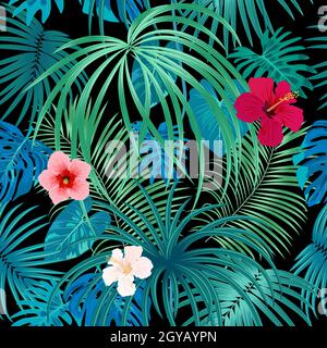 Seamless vector pattern with tropical palm leaves and flowers, jungle background,  plants, botanical design for fashion, fabric, wallpaper Stock Vector
