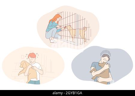 Adoption dogs from shelter, volunteering and helping pets concept. Young boys and girl feeding dogs in shelter cage, holding on hands, hugging and tak Stock Photo