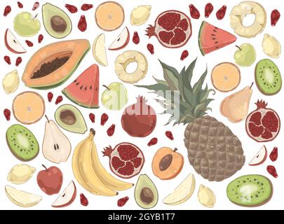 Delicious summer food, watermelon, pineapple, banana, apple, pear, mango, orange, garnet, organic nutrition set. Juice ingredients, tropical fruits co Stock Photo