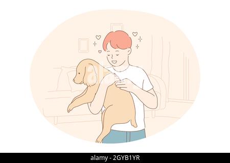 Adopted dogs from shelter, volunteering, helping pets concept. Young happy boy cartoon character holding and petting brown adopted puppy, hugging and Stock Photo