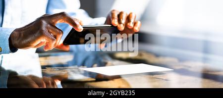 Remote Cheque Deposit Using Mobile Phone. Check Capture Stock Photo