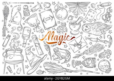 Hand drawn magic tools, concept of witchcraft. Broom and playing cards, hat and needle equipment doodle set background Stock Photo