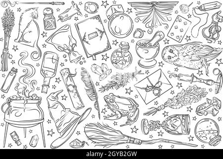 Hand drawn magic tools, concept of witchcraft. Broom and playing cards, hat and needle equipment doodle set background Stock Photo