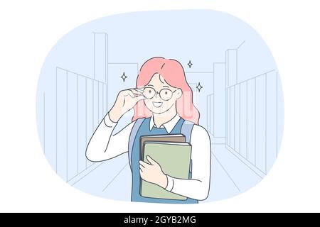 Success in studying, excellent school pupils concept. Smiling school girl cartoon character in glasses standing with books, having excellent marks for Stock Photo